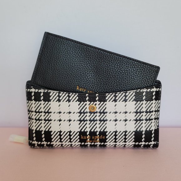 KATE SPADE Hudson Posh Plaid Embossed Pebbled Leather Bifold Wallet-Black MultI⭐ - Picture 4 of 16